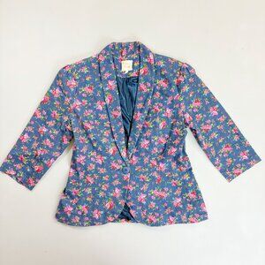 GOLDEN POPPY Floral Blazer Large Stretch Denim Anthro Style Jacket 3/4 Sleeve